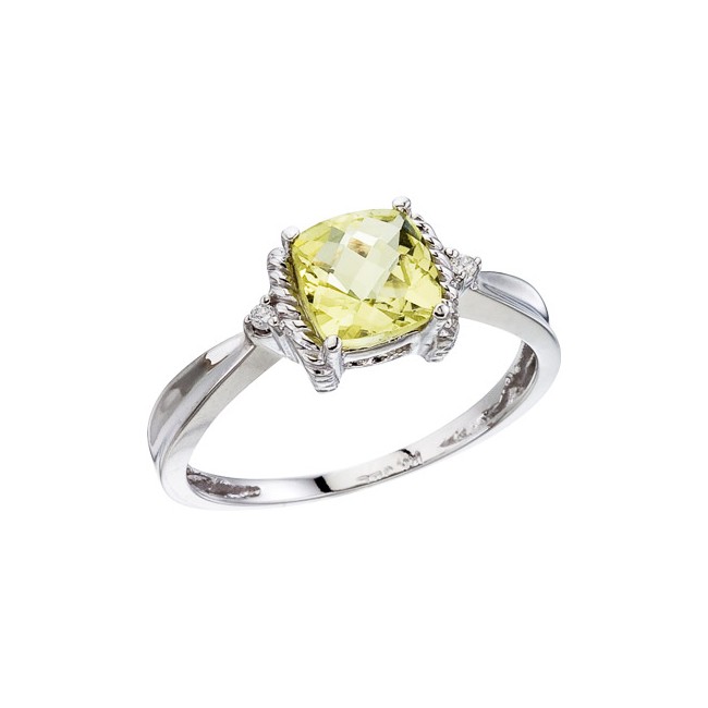 14K White Gold Lemon Quartz and Diamond Ring