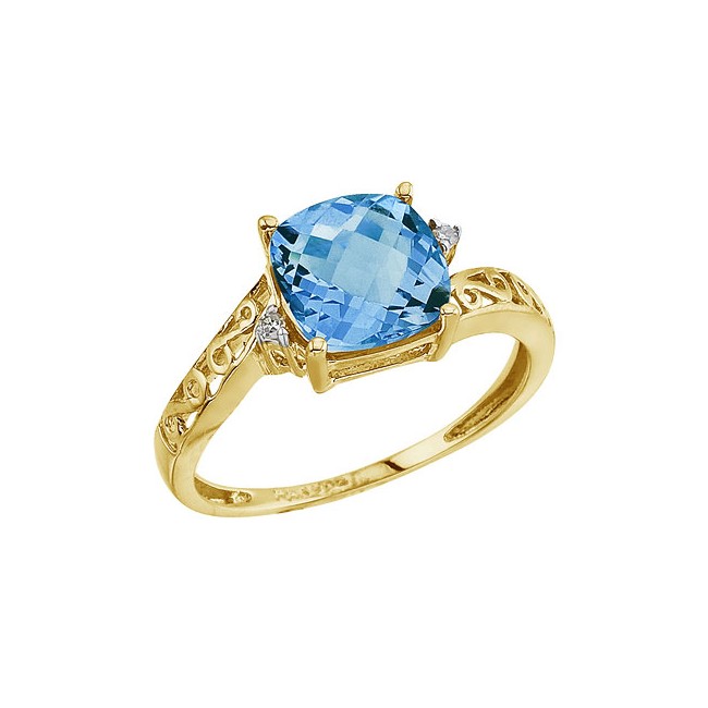 14K Yellow Blue Topaz and Diamond Filigree Ring