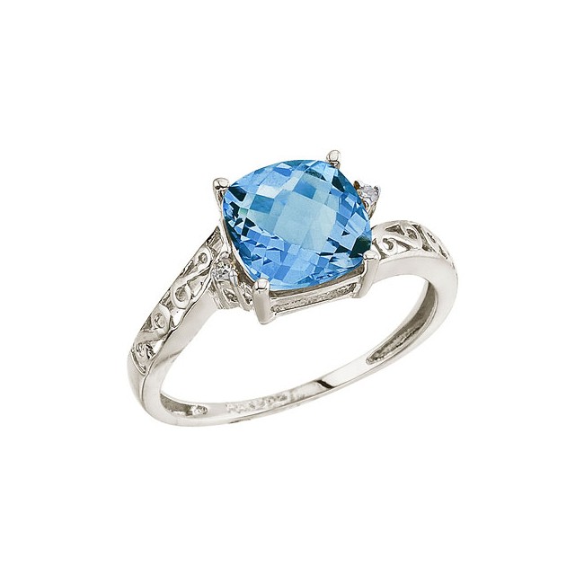 14K White Blue Topaz and Diamond Filigree Ring