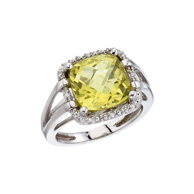 14K White Gold 10 mm Lemon Quartz and Diamond Ring