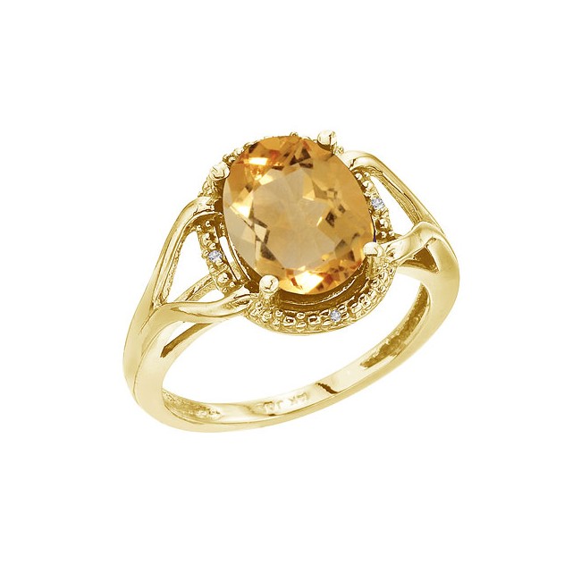 14K Yellow Gold 10x8 Oval Checkerboard Citrine and Diamond Ring