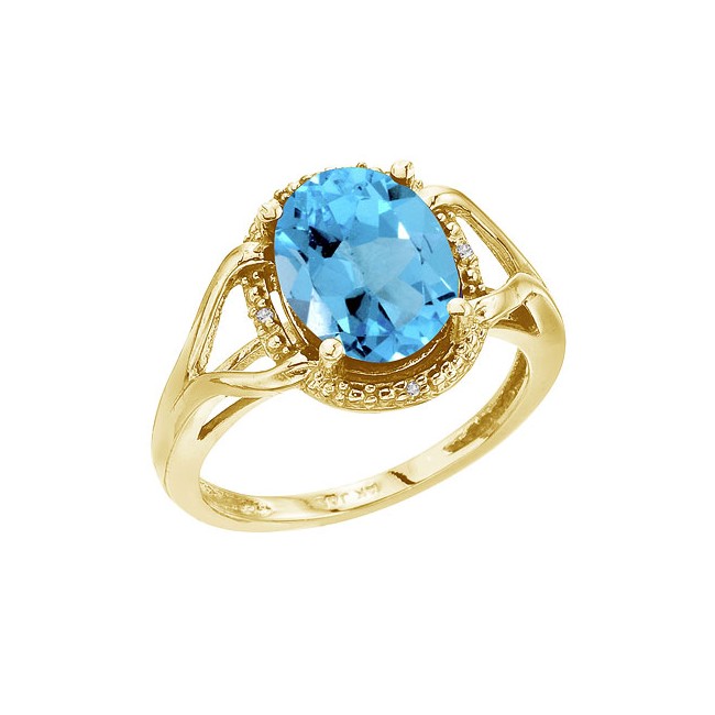 14K Yellow Gold 10x8 Oval Blue Topaz and Diamond Rope Ring