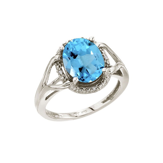 14K White Gold 10x8 Oval Blue Topaz and Diamond Rope Ring