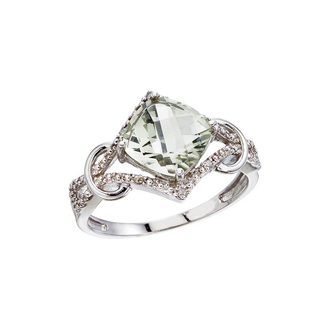 14K White Gold Green Amethyst and Diamond Cushion Ring