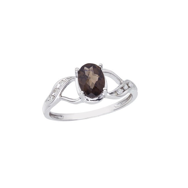 14K White Gold Oval Smoky Topaz and Diamond Swirl Ring