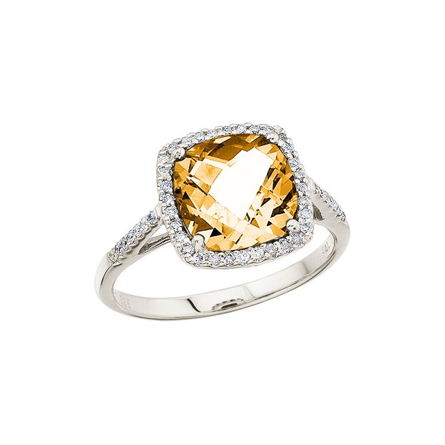 Colormerchants - 14K White Gold 8 mm Cushion Citrine and Diamond Ring
