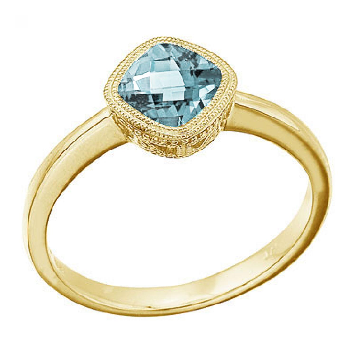 14K Yellow Gold Cushion Aquamarine Millgrain Ring