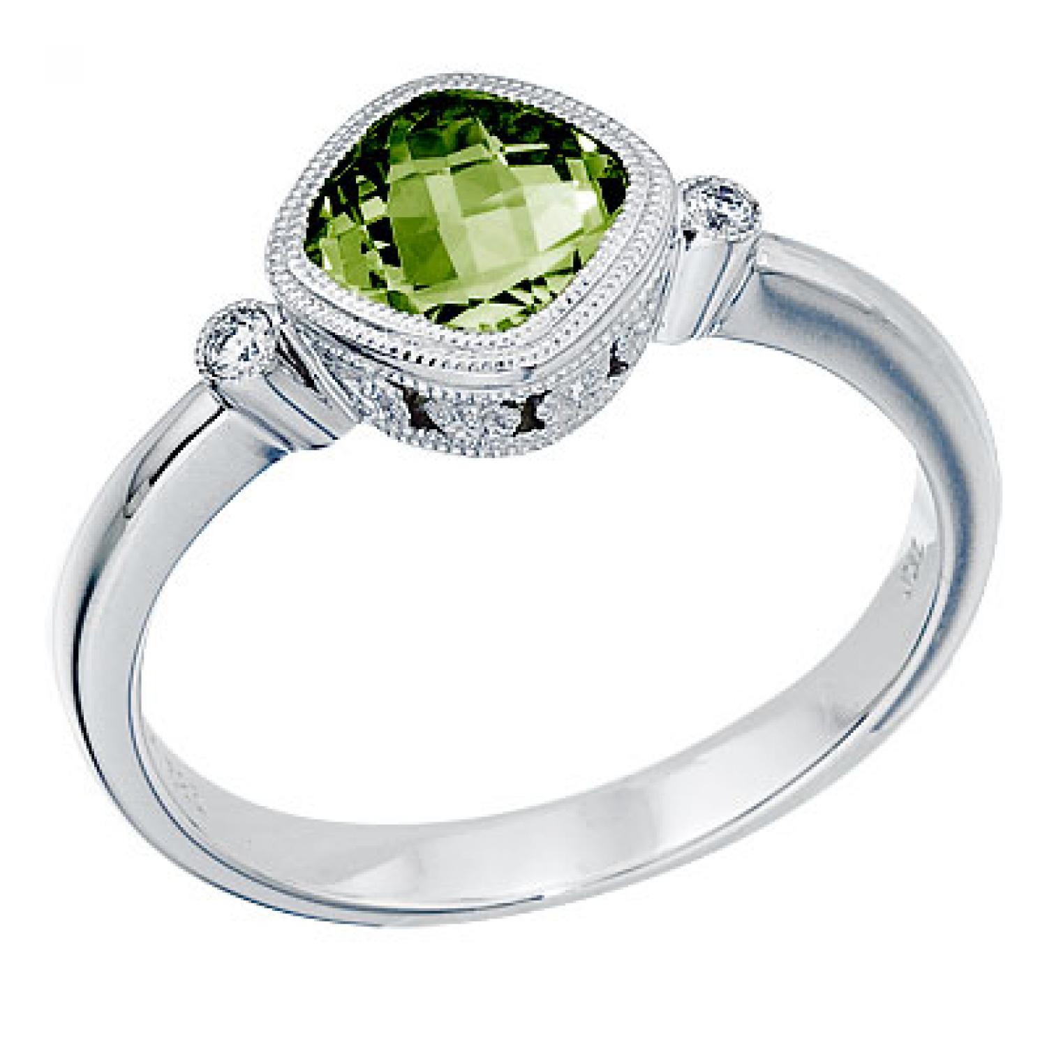 14K White Gold 6 mm Cushion Peridot and Diamond Bezel Ring