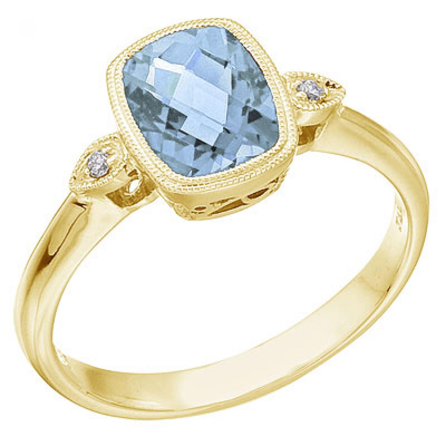 14K Yellow Gold Cushion Aquamarine and Diamond Millgrain Ring