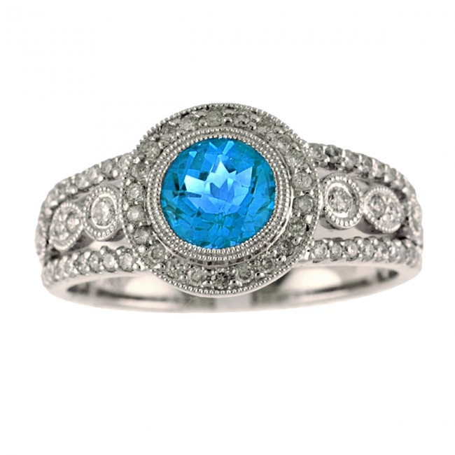Valentino Ring with Round Blue Topaz, 0.6 carats Round Blue Topaz Wedding  Ring in 14k White Gold