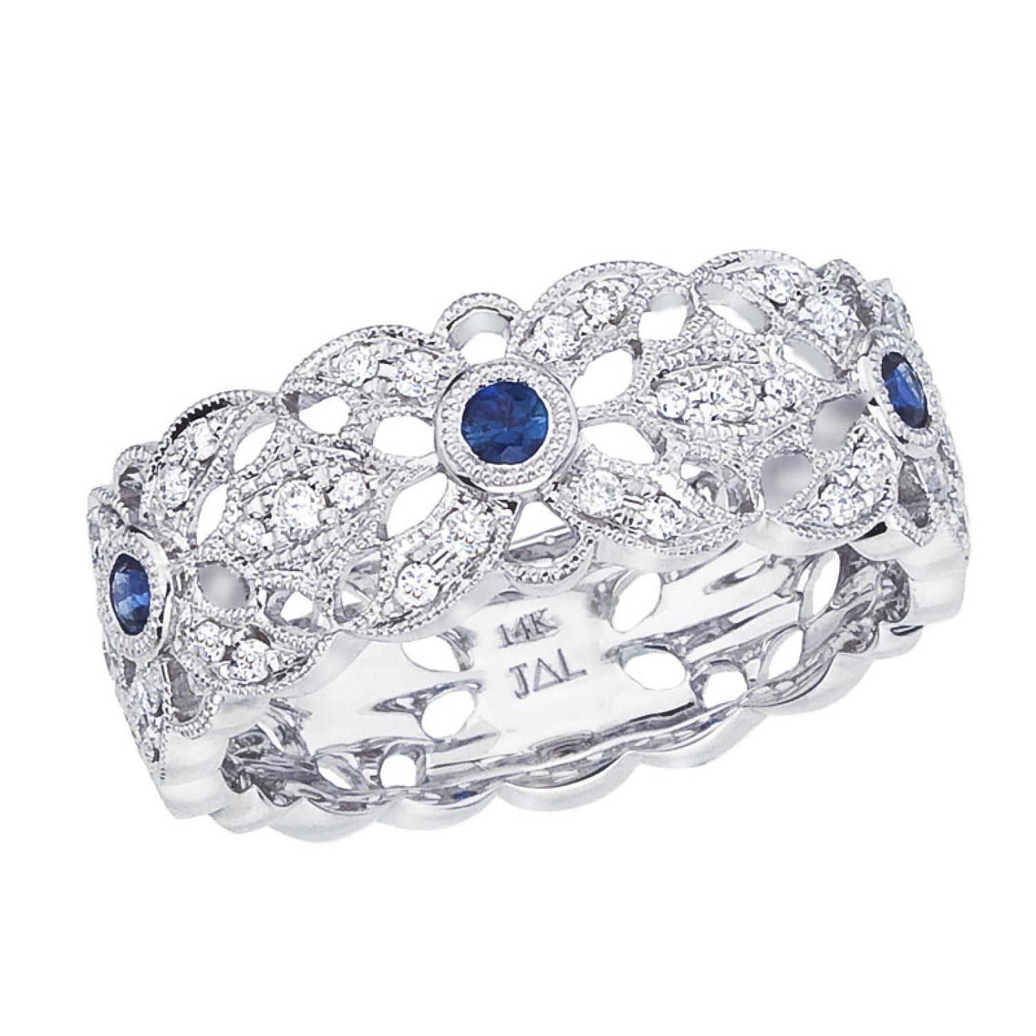 14K White Gold Precious Round Sapphire and Diamond Filigree Band Ring