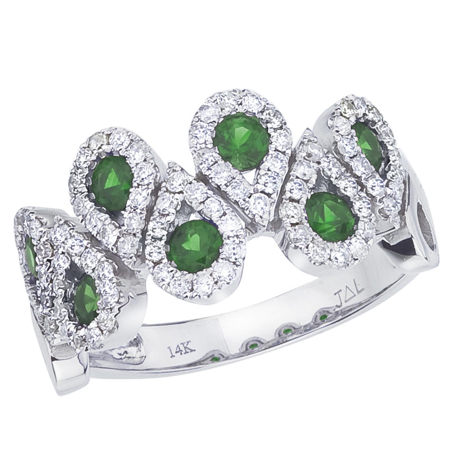 14K White Gold Precious Round Emerald and Diamond Teardrop Fashion Ring