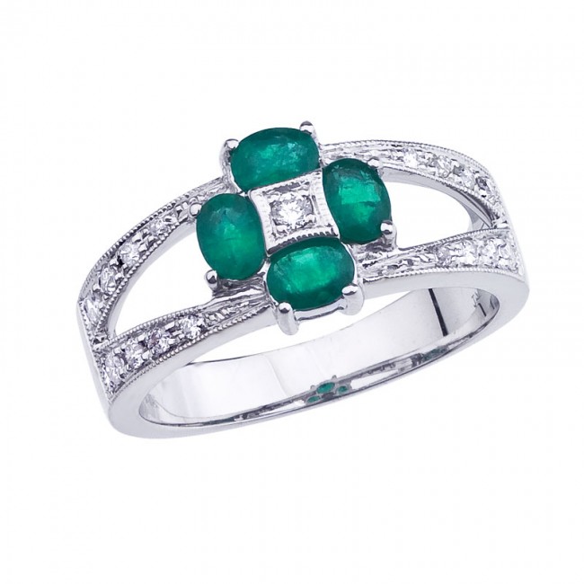 14K White Gold Precious Oval Emerald and Diamond Flower Fashion Ring