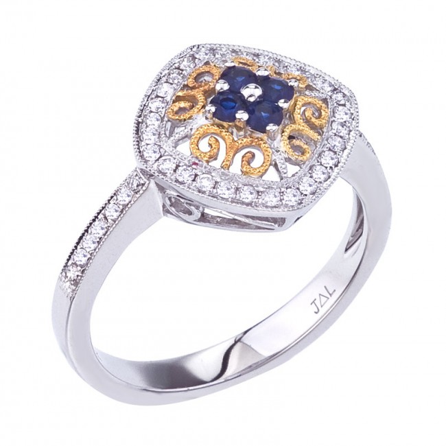 14K Two Tone White and Yellow Gold Precious Round Sapphire and Diamond Filigree