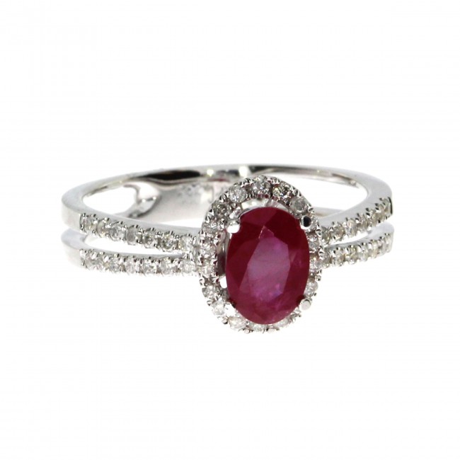 14K White Gold Precious 7x5 mm Oval Ruby and Diamond Ring