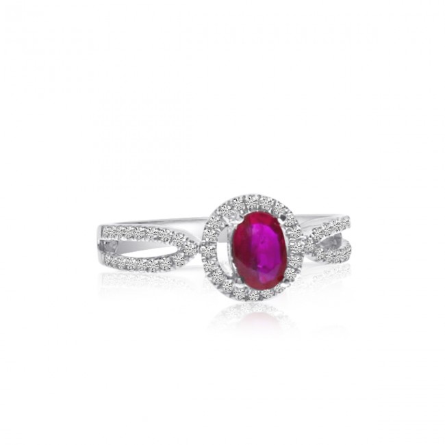 14K White Gold Oval Ruby and Diamond Precious Ring