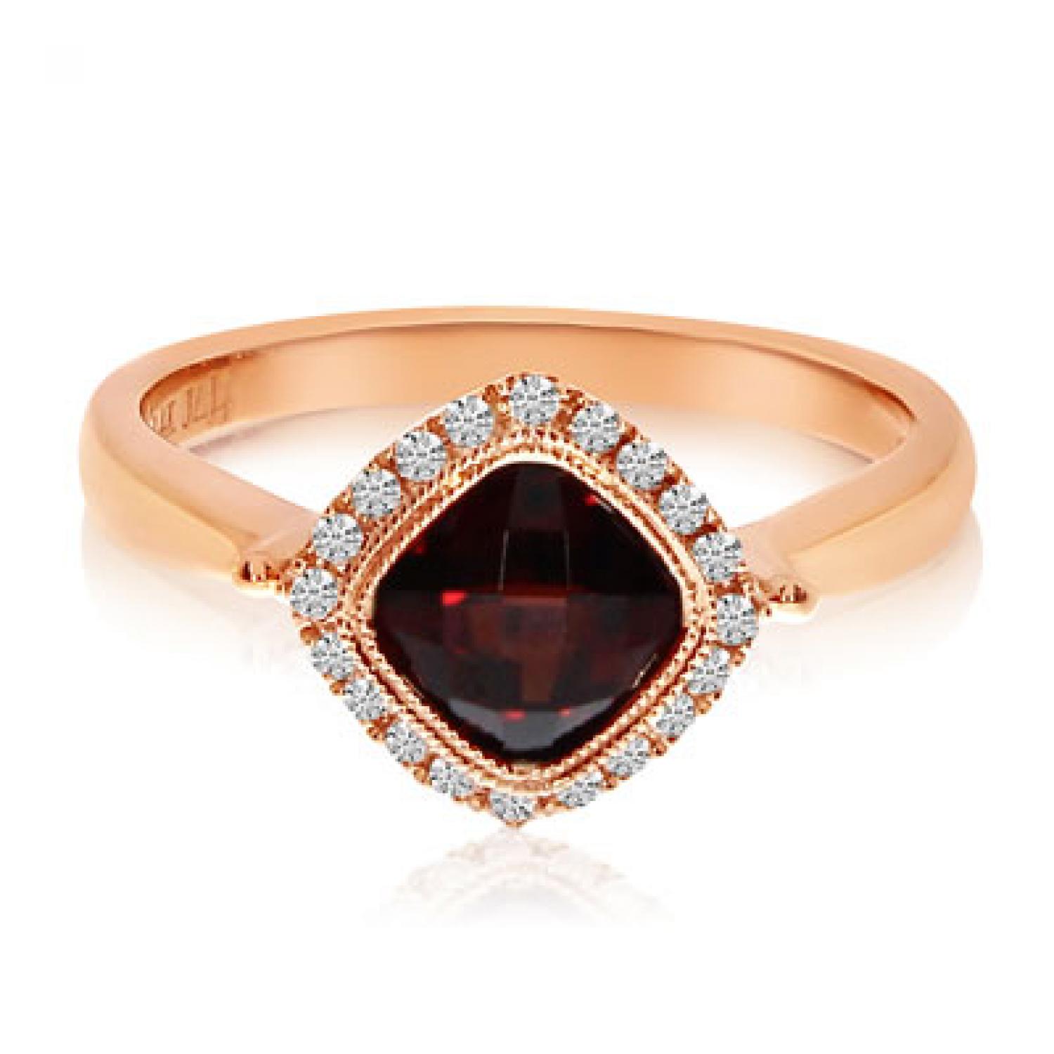 14K Rose Gold Cushion Garnet and Diamond Halo Ring