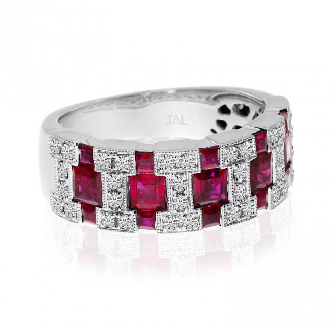 14K White Gold Princess Ruby and Diamond Wide Precious Band