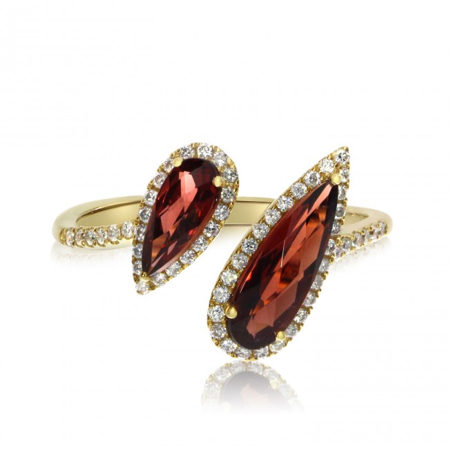 14K Yellow Gold Offset Duo Semi Precious Pear Garnet & Diamond Ring