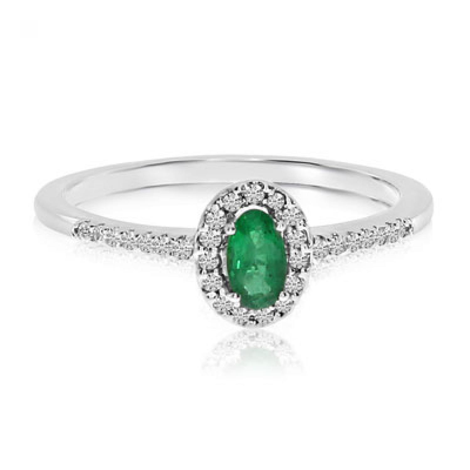 14K White Gold Oval Emerald and Diamond Precious Fashion Ring