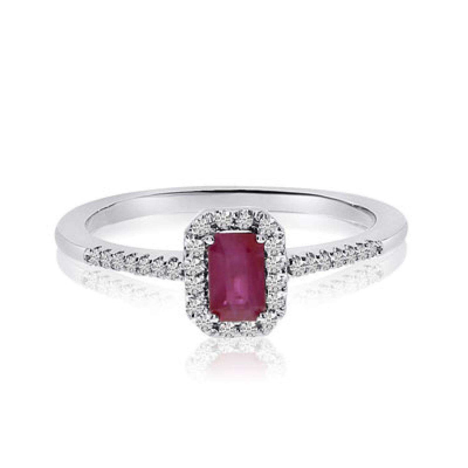 14K White Gold Octagon Ruby and Diamond Precious Ring