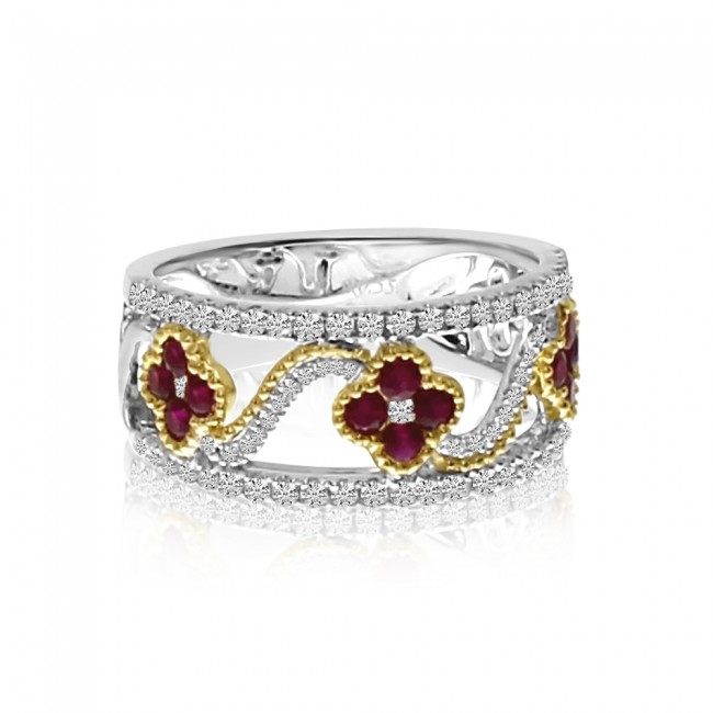 14K Two Tone Gold Ruby and Diamond Clover Fashion Ring