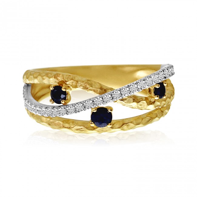 14K Yellow Gold Sapphire and Diamond Brushed Crossover Precious Fashion Ring