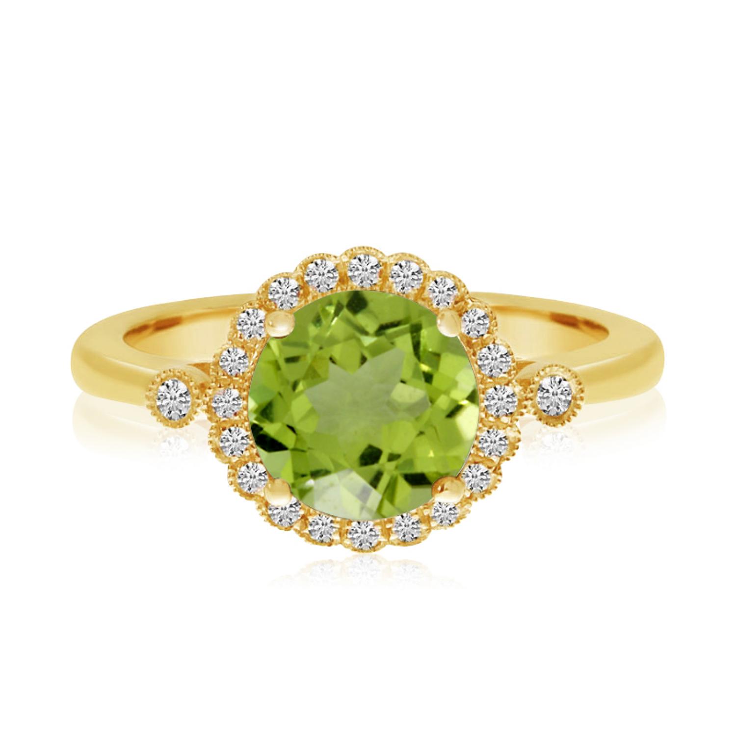 14K Yellow Gold Round Peridot and Diamond Halo Ring