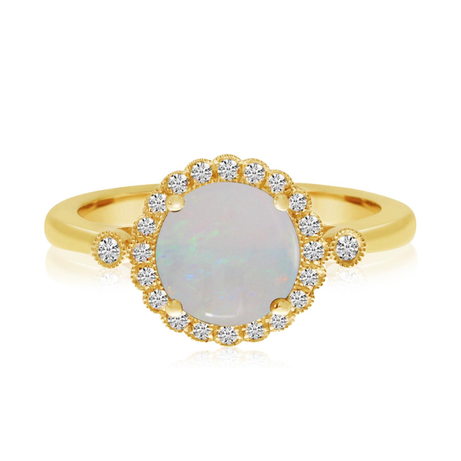 14K Yellow Gold Round Opal and Diamond Halo Ring