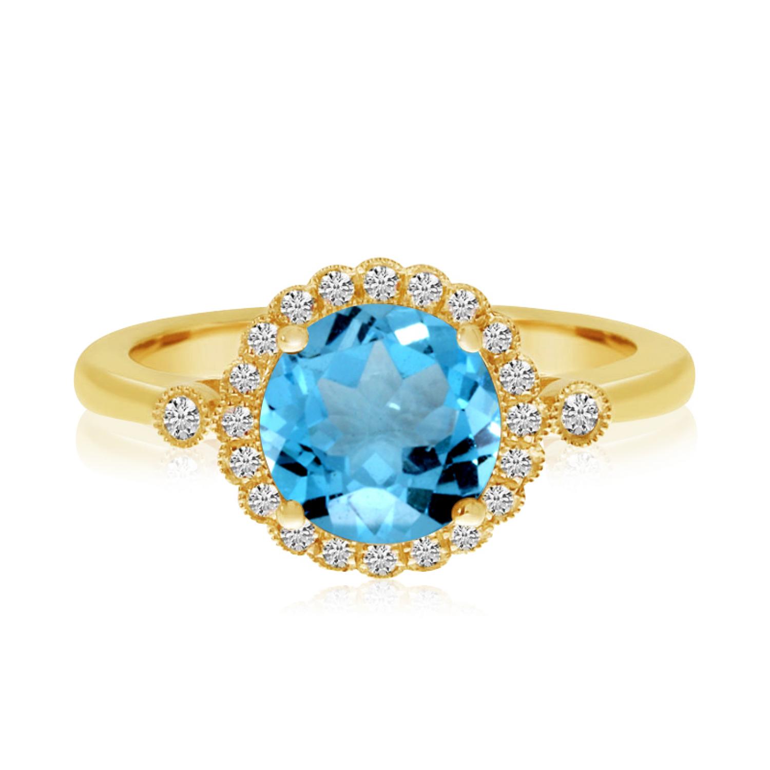 14K Yellow Gold Round Blue Topaz and Diamond Halo Ring