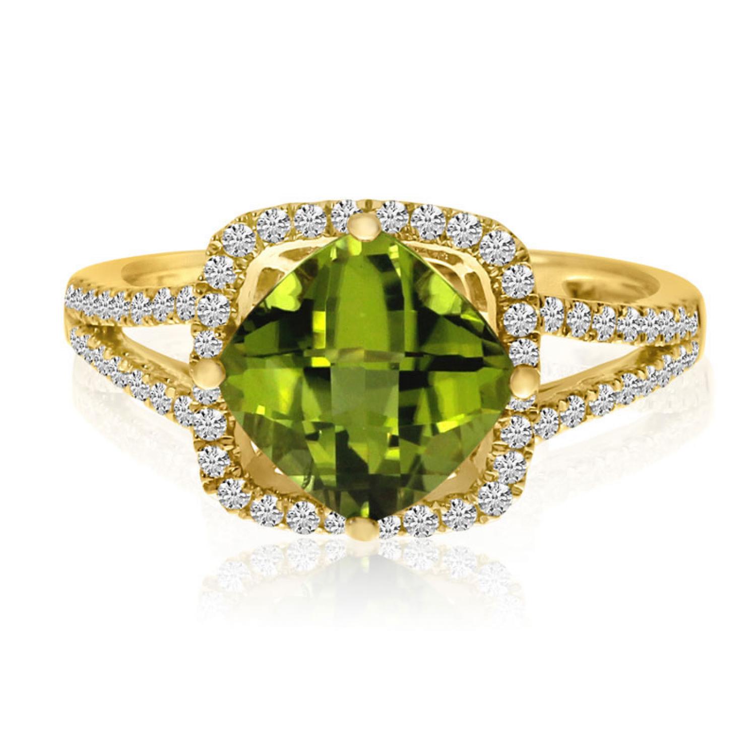 14K White Gold Cushion Peridot and Diamond Fashion Ring