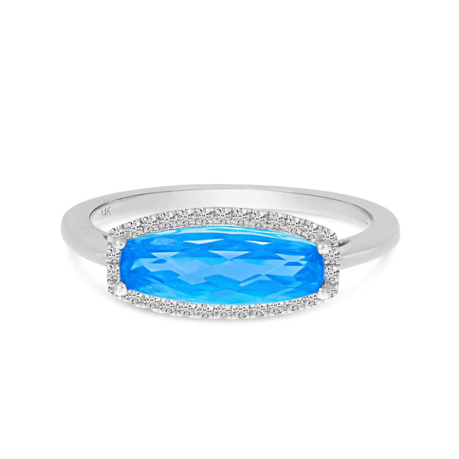 14K White Gold Elongated Baguette Blue Topaz and Diamond Ring