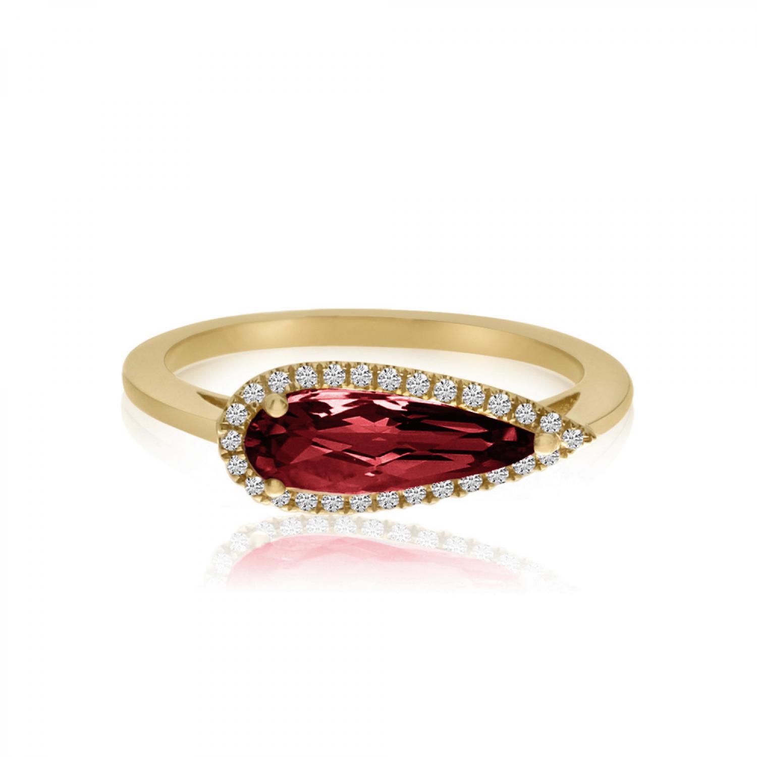 14K Yellow Gold Elongated Pear Rhodolite Garnet and Diamond Semi Precious Ring