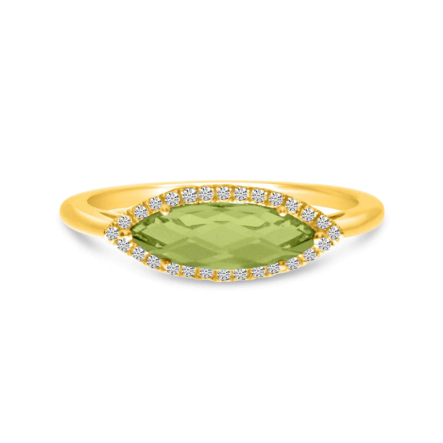 14K Yellow Gold Elongated Marquise Peridot and Diamond Semi Precious Ring