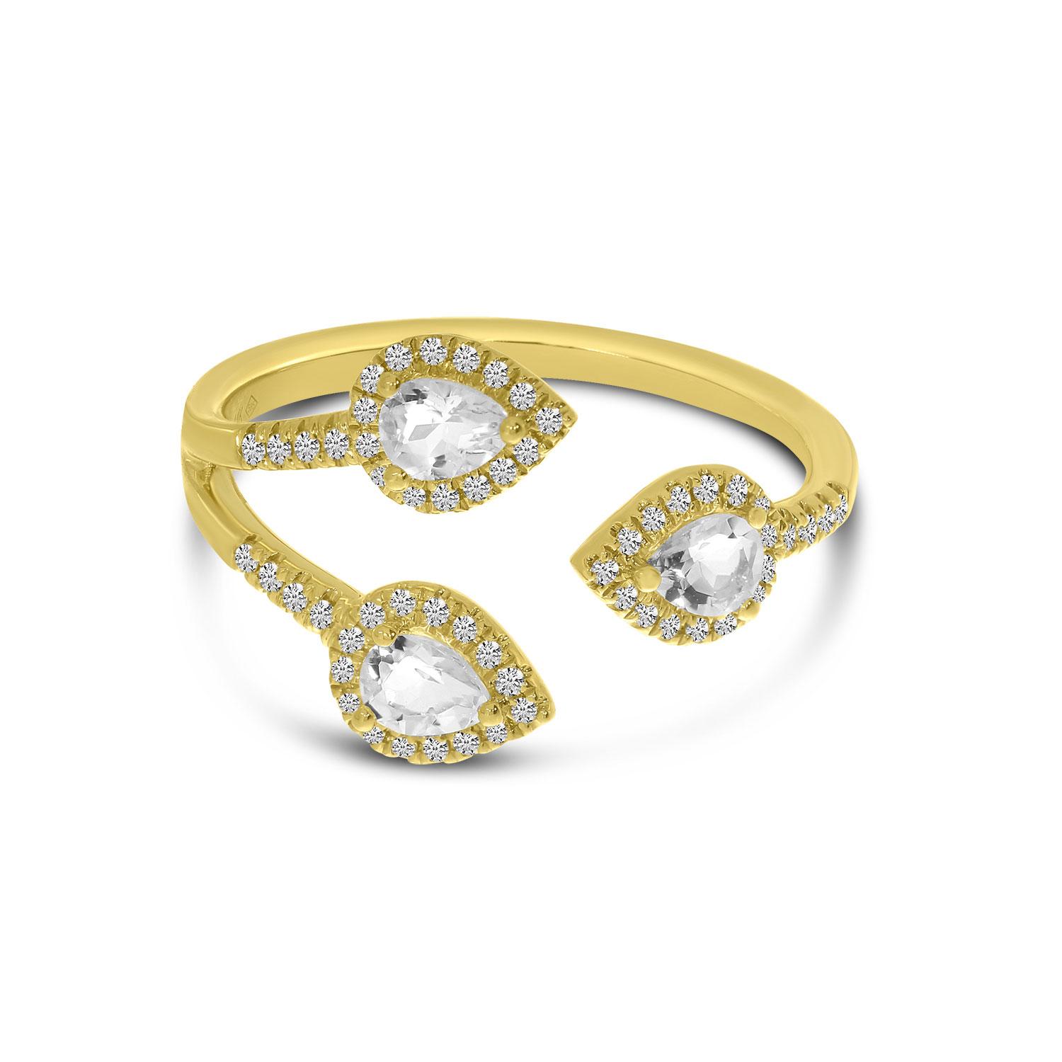 14K Yellow Gold Trio Pear White Topaz and Diamond Ring