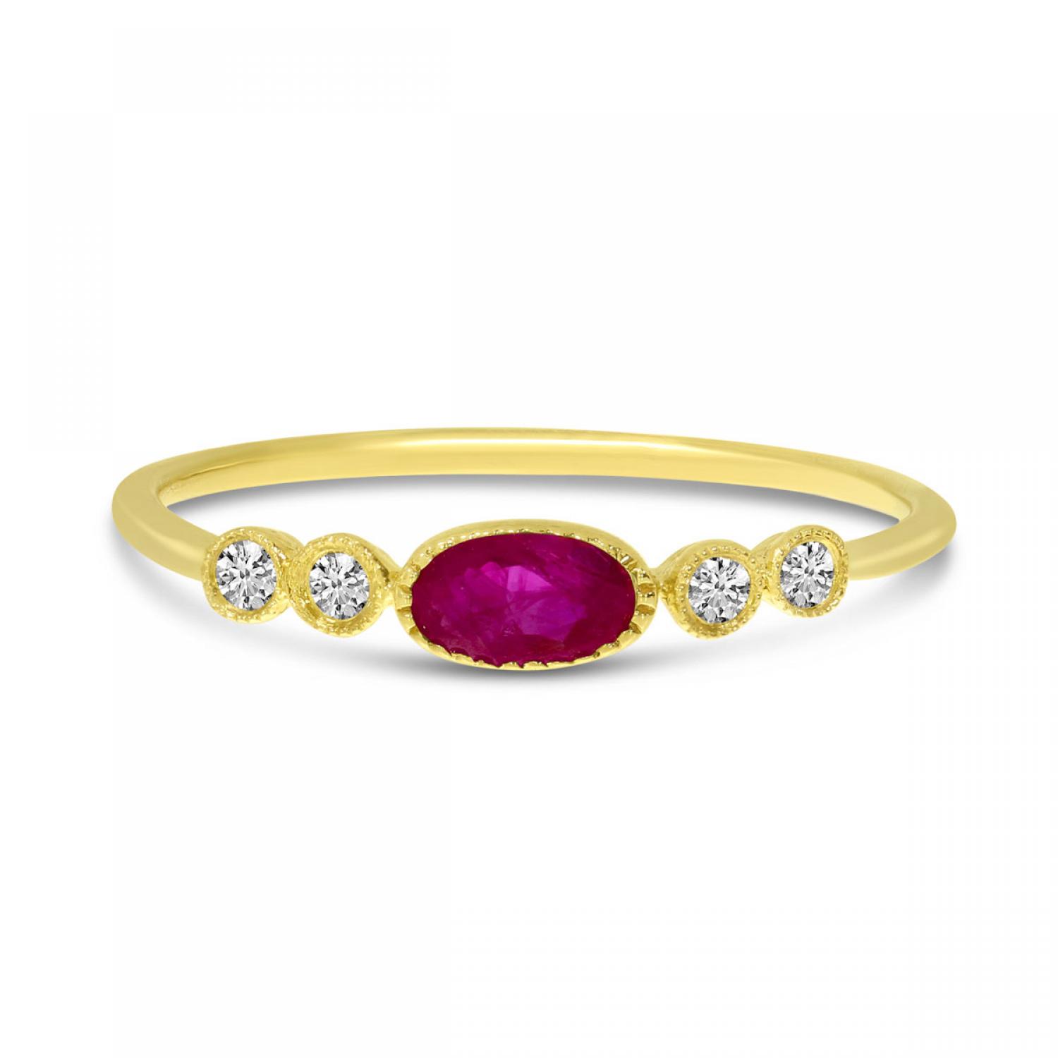 14K Yellow Gold Oval Ruby and Diamond Stackable Precious Ring