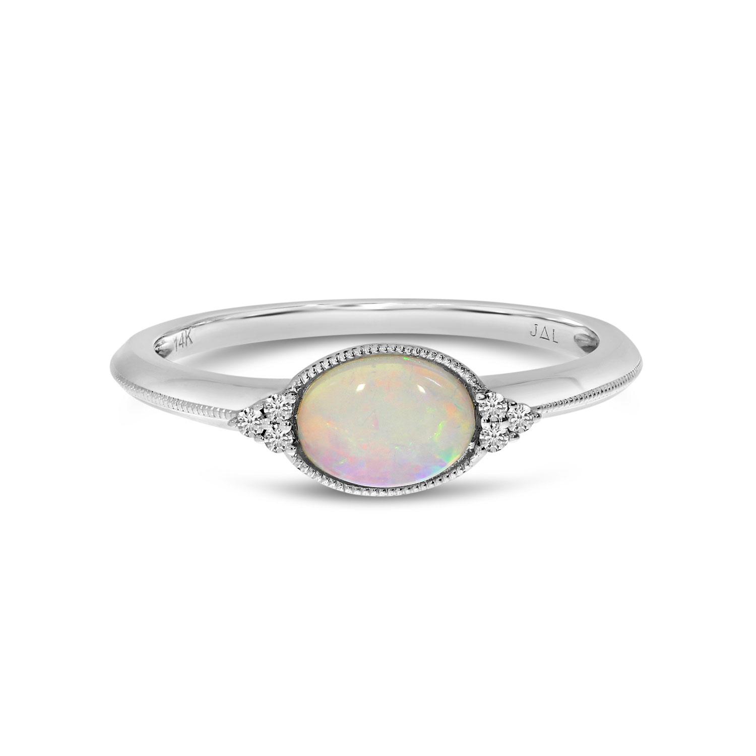 14K White Gold Oval Opal East to West and Diamond Millgrain Ring