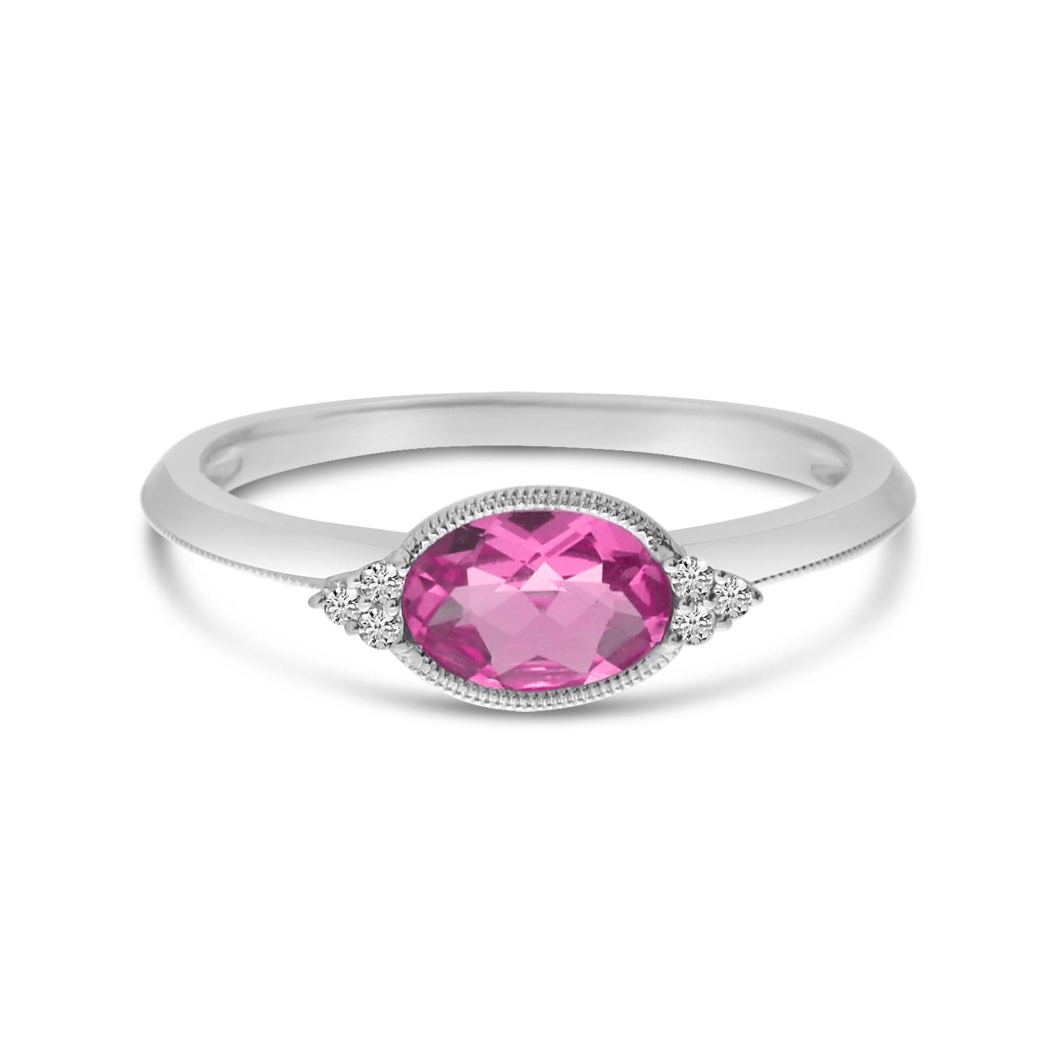 14K White Gold Oval Pink Tourmaline and Diamond East to West Ring