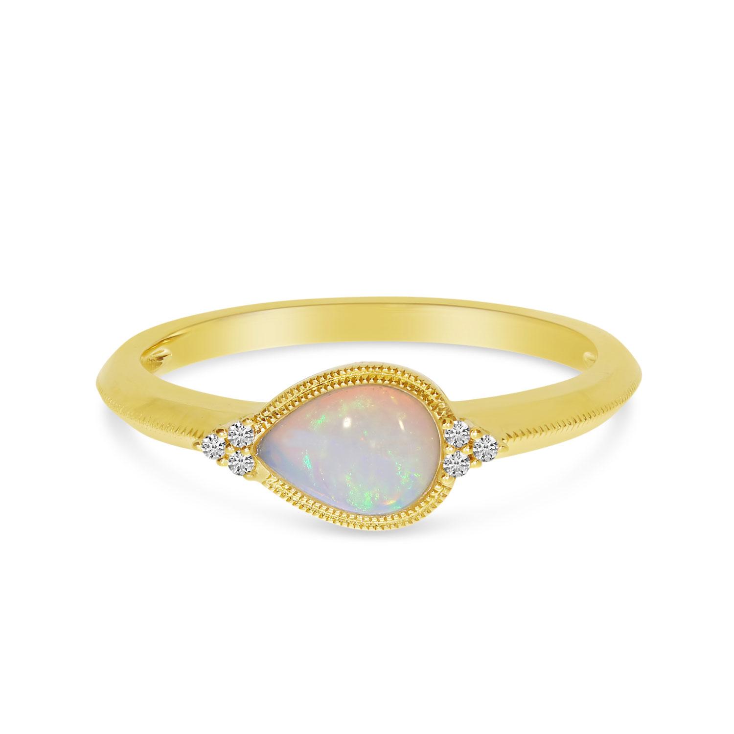 14K Yellow Gold Semi Pear Opal and Diamond Millgrain East West Ring