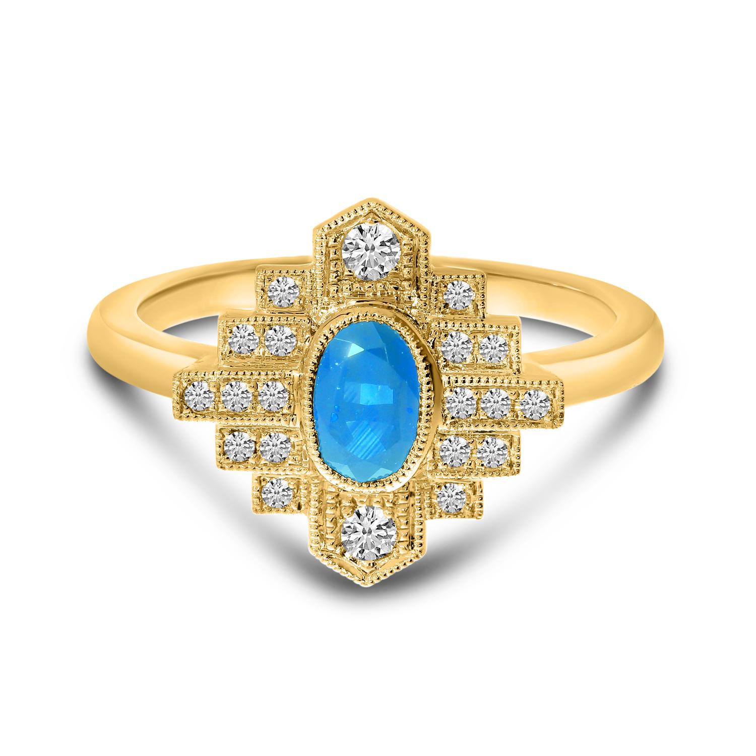 14K Yellow Gold Oval Blue Topaz and Diamond Art Deco Ring