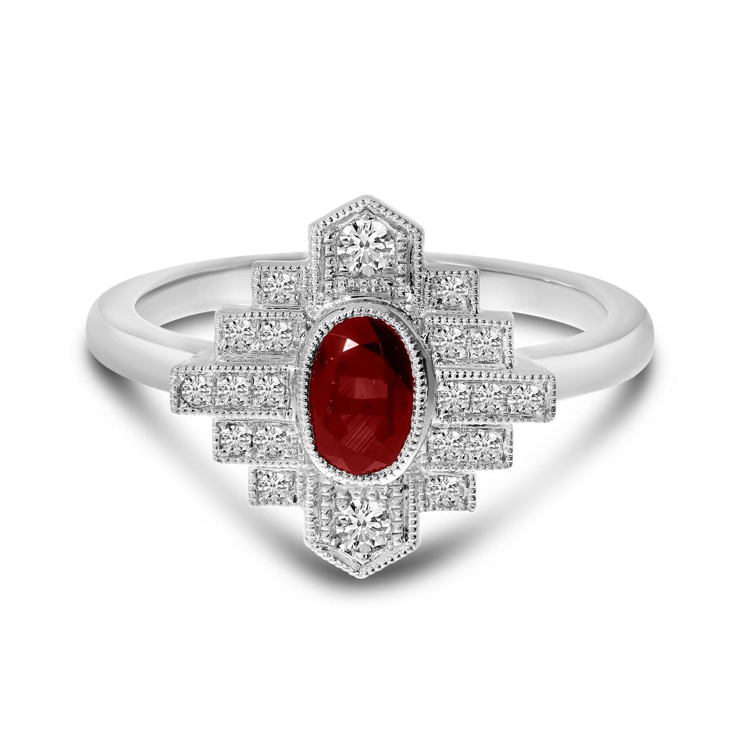 14K White Gold Oval Garnet and Diamond Art Deco Ring