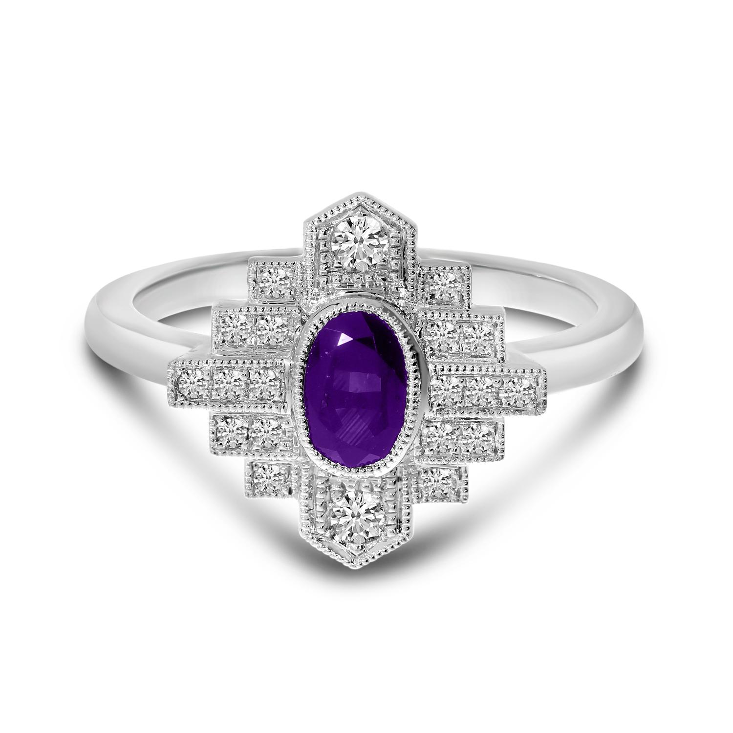 14K White Gold Oval Amethyst and Diamond Art Deco Ring