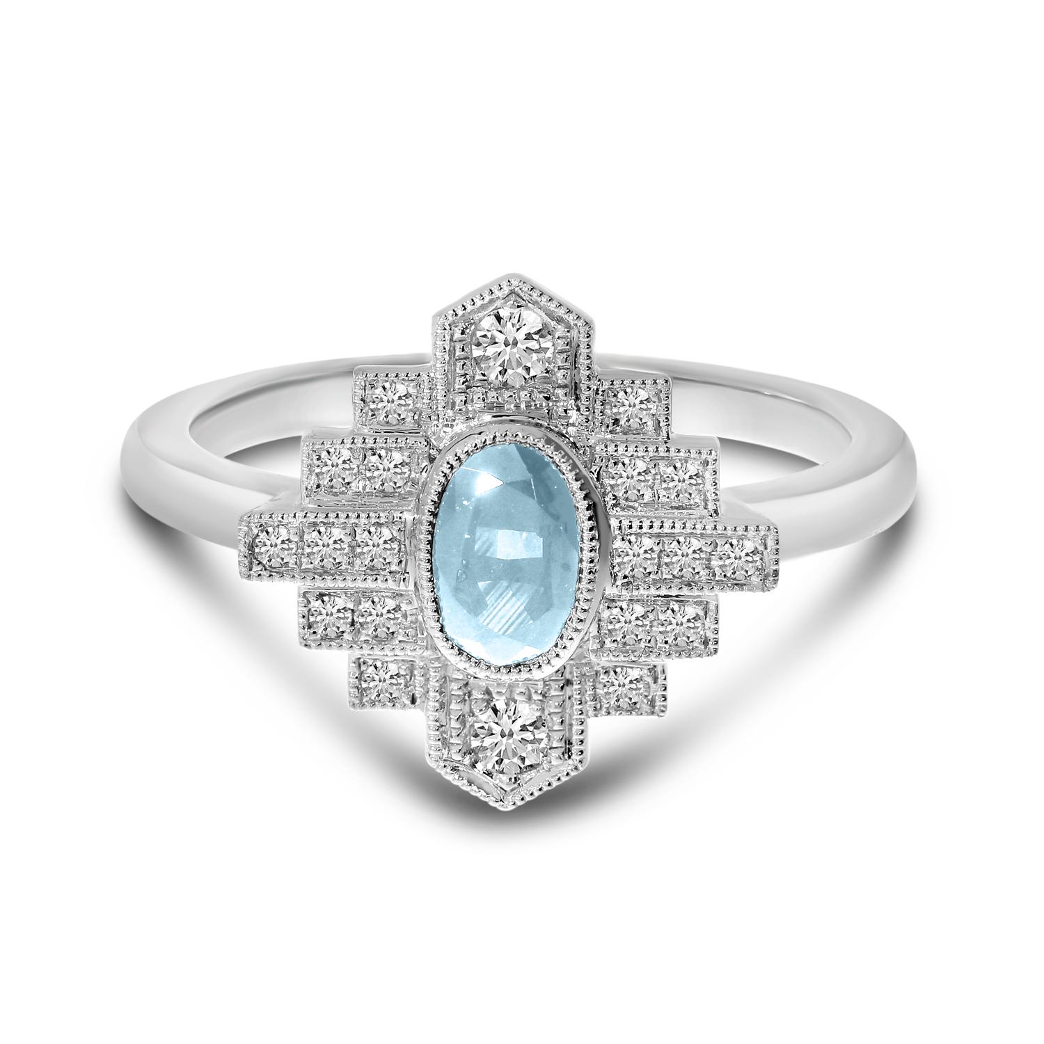 14K White Gold Oval Aquamarine and Diamond Art Deco Ring