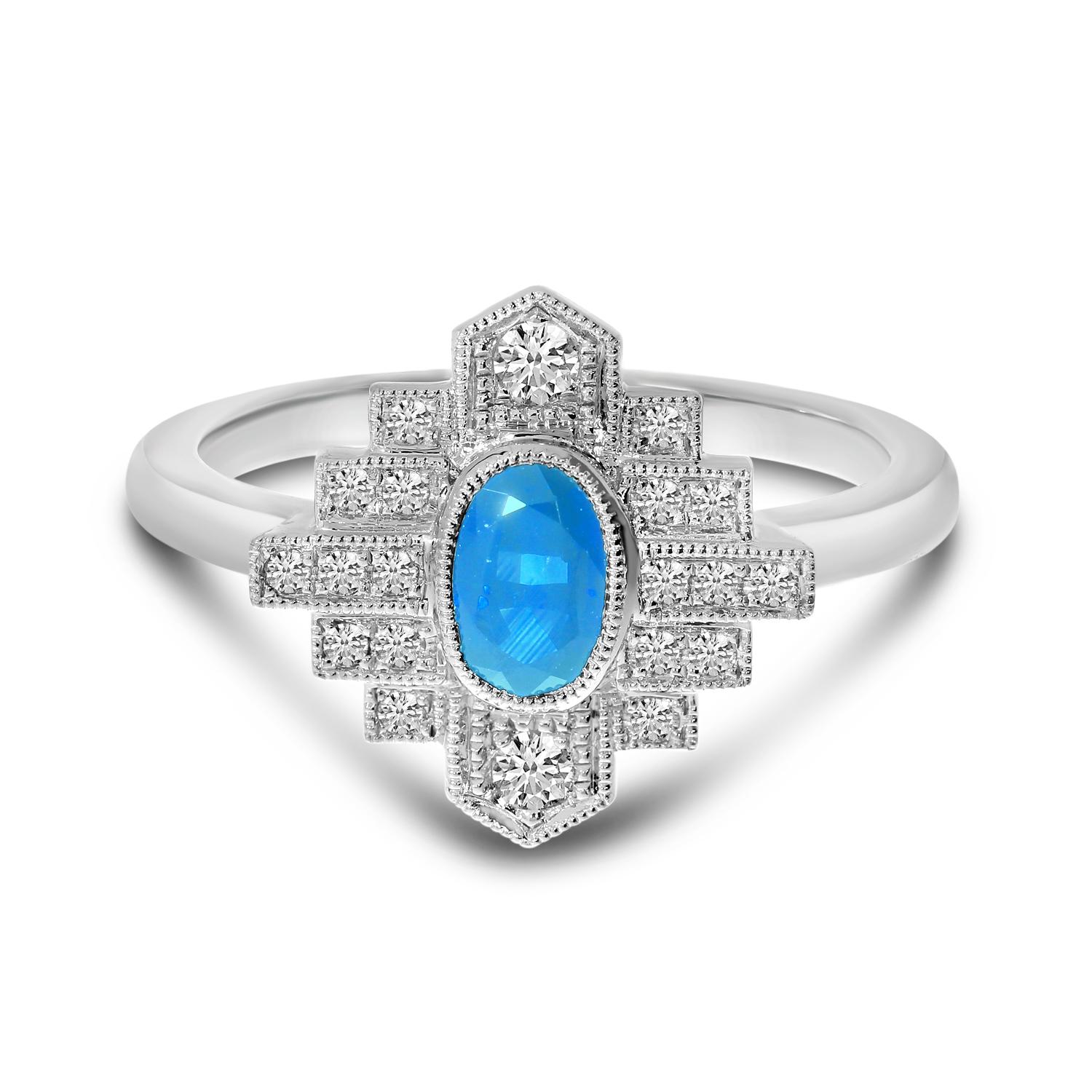 14K White Gold Oval Blue Topaz and Diamond Art Deco Ring