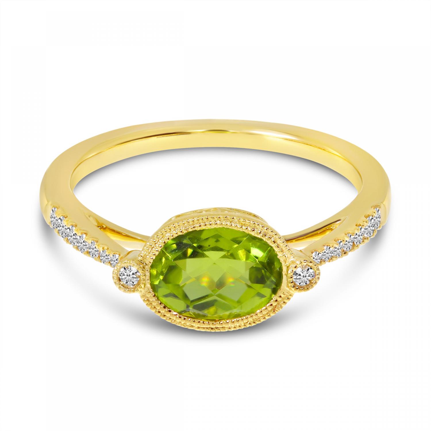 14K Yellow Gold Oval East West Peridot and Diamond Millgrain Semi Precious Ring