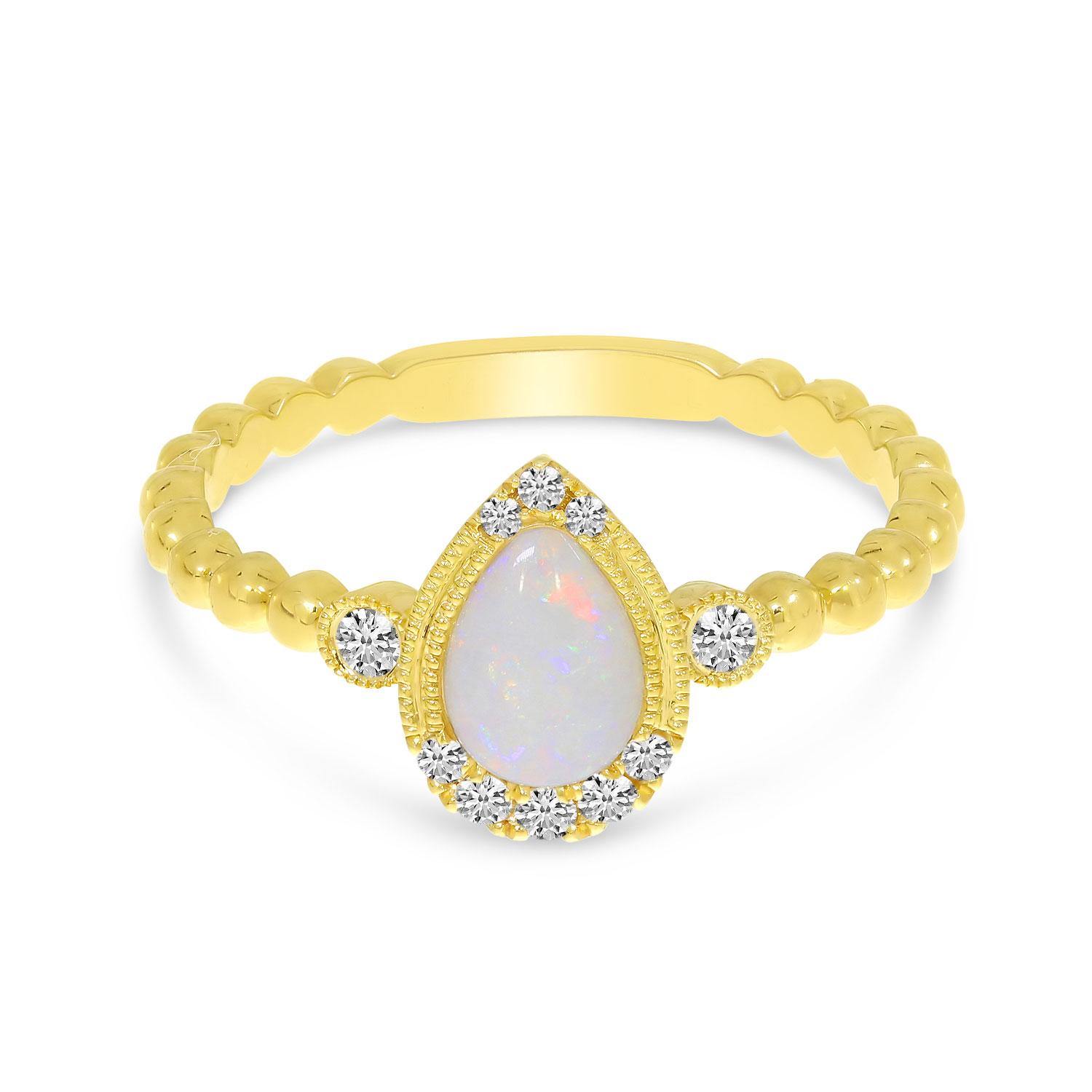 14K Yellow Gold Pear Opal with Diamond Millgrain Semi Precious Ring