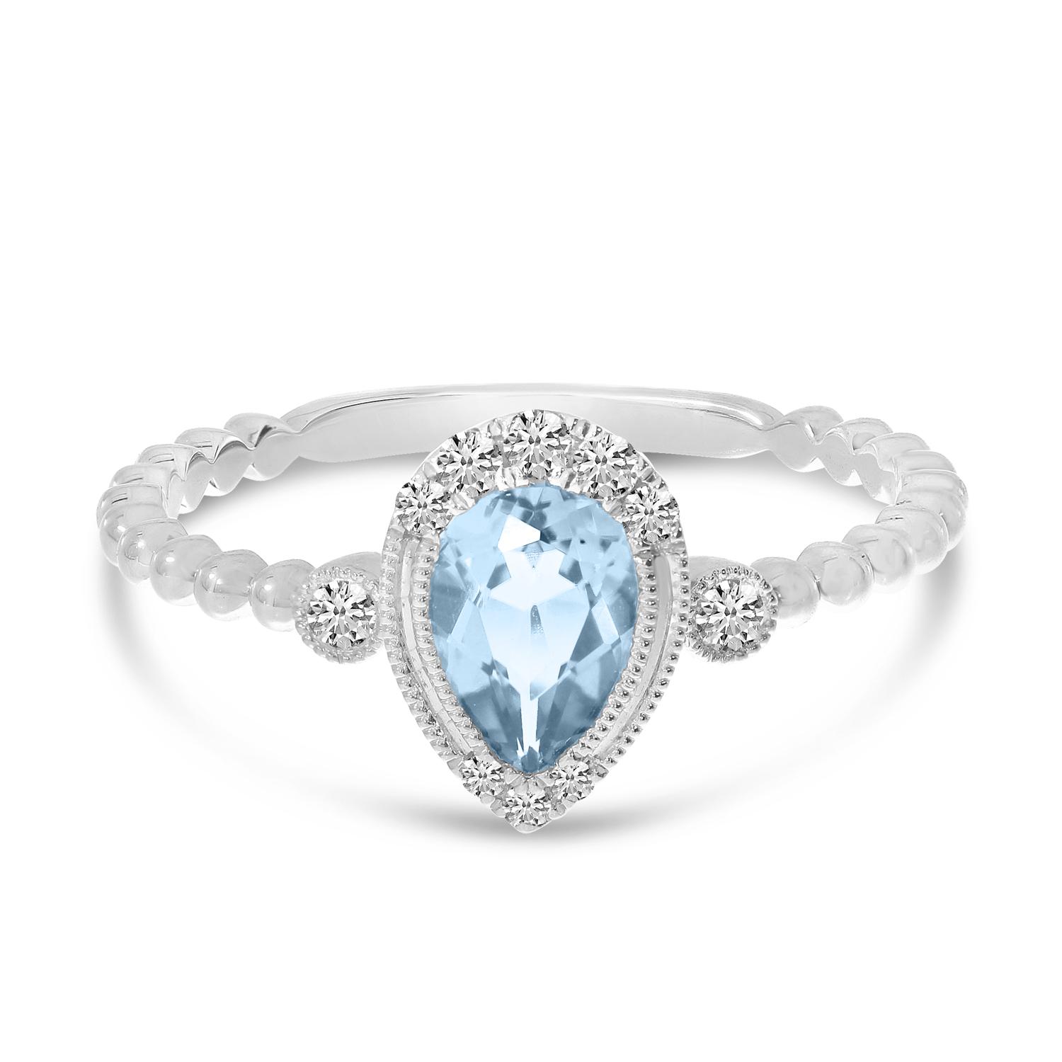 14K White Gold Pear Aquamarine and Diamond Ball Band Ring