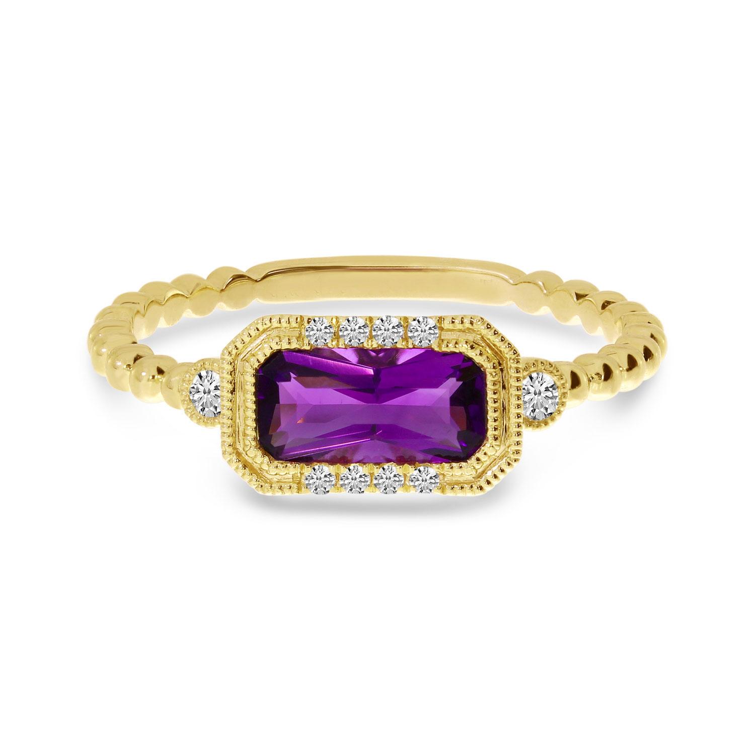 14K Yellow Gold Emerald Cut Amethyst and Diamond Ball Band Ring