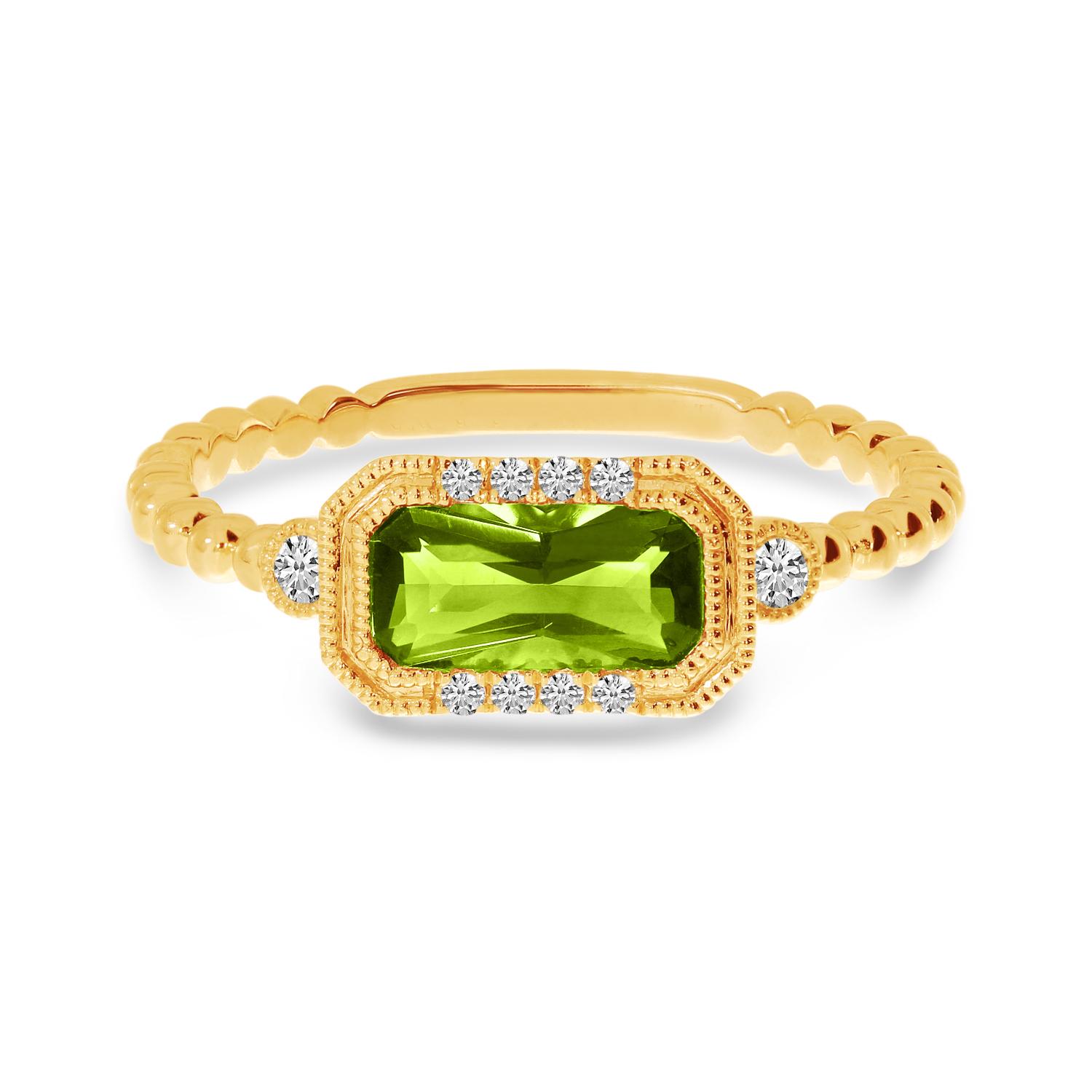 14K Yellow Gold Octagon Peridot and Diamond Semi Precious Beaded Band Ring