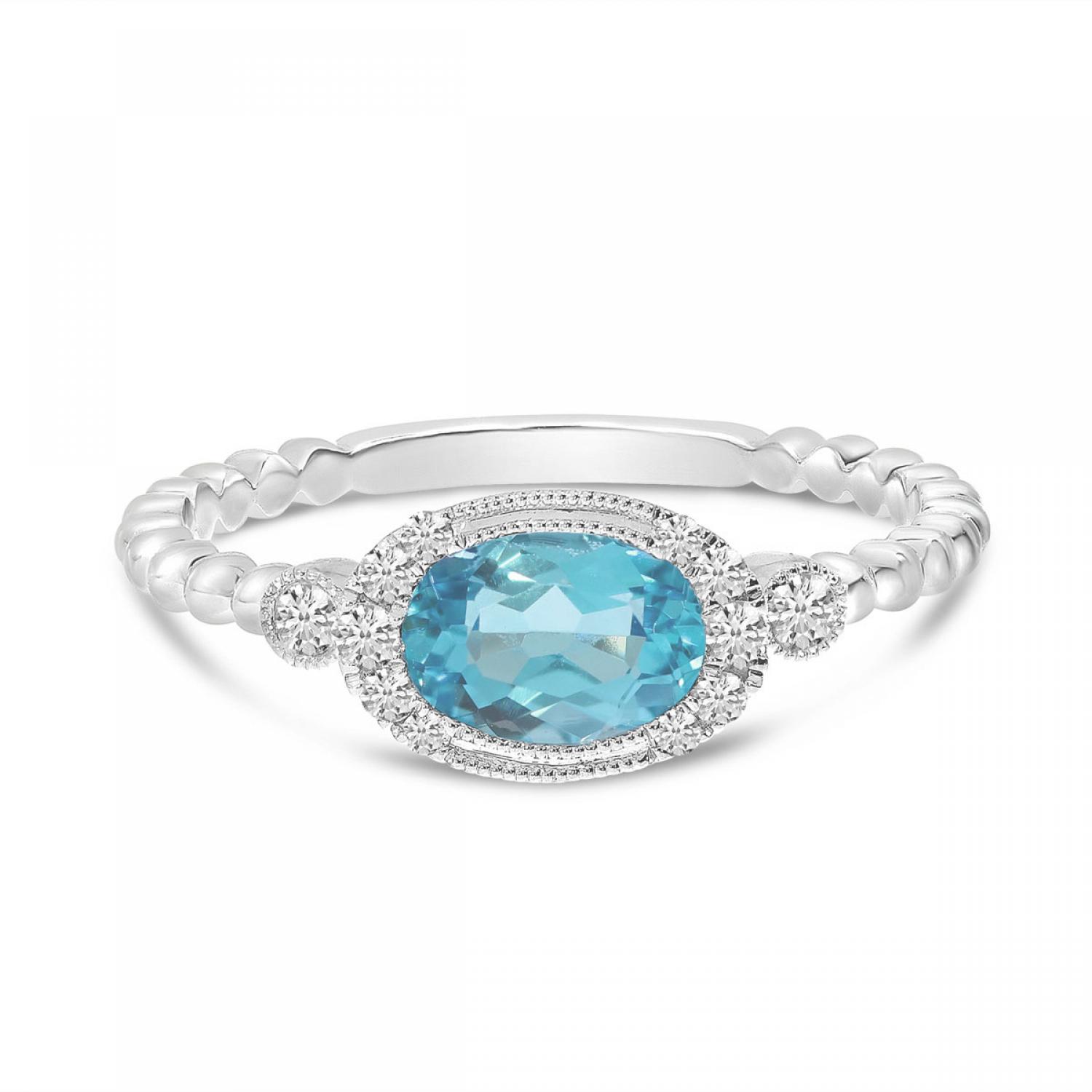 14K White Gold Oval Aquamarine and Diamond East to West Ball Band Ring